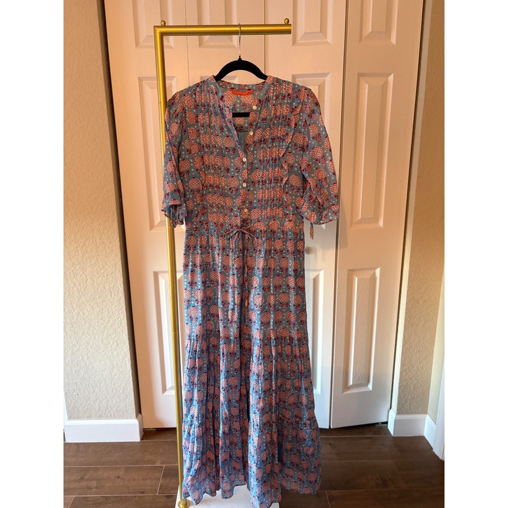 Oliphant Women XS Blue Pink Block Print Cotton Pintuck Tiered Maxi Dress Boho